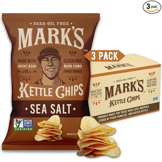 MARK’S Kettle Cooked Avocado Oil Potato Chips, Sea Salt – Seed Oil & GMO Free | Sea Salt, 5 oz (Pack of 3) | Gluten Free, Non-GMO Chips for Clean & Healthy Snacking