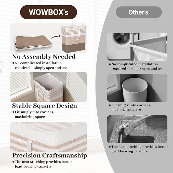 WOWBOX 2 Pack Laundry Baskets, Laundry Hampers, Freestanding Dirty Clothes Hampers with Reinforced Handles & Cross Stitch & Waterproof Coating, for Laundry Bedroom Bathroom Dorm,100L Khaki