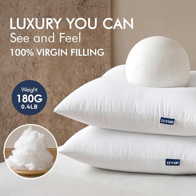 MIULEE Throw Pillows Inserts, Pack of 2 12x12 Inch 100% Virgin Fiber Filling Bed Couch Pillows