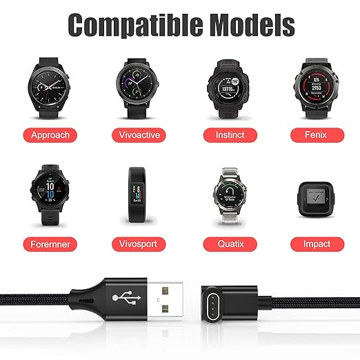 AGVEE 2 Pack 1.5ft Short Charger for Garmin Watch, L-Shape Charging Cable for Fenix, Forerunner, Vivoactive, Instinct, Venu, Tactix, Approach, D2, Quatix Series, Right Angle Braided, Black