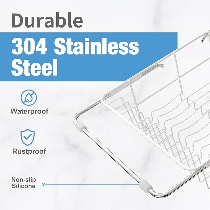 JASIWAY White Dish Drying Rack in Sink, Expandable Stainless Steel Dish Drainers for Kitchen Counter, Dish Dryer Rack for Inside Sink, Over The Sink Dish Racks with Utensil Holder