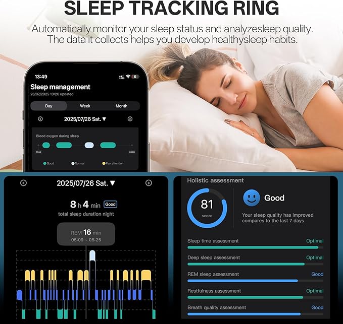 Smart Ring with Vibration Alerts, Health Tracker Ring with Body Temperature Monitor, Heart Rate, Sleep & Fitness Tracking, Waterproof Activity Ring for Men & Women, No App Fees (Gunmetal Gray, 9#)