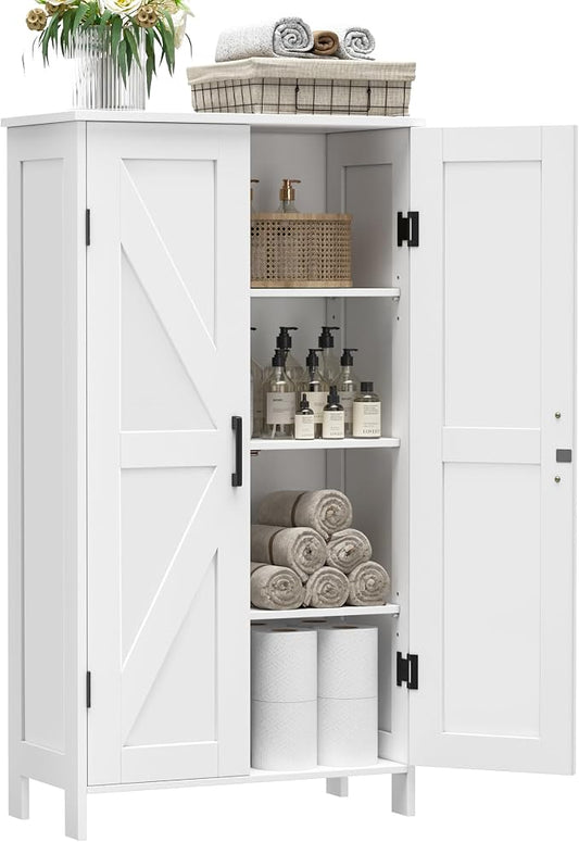Homleke Farmhouse Bathroom Cabinet with Adjustable Shelves, Free-Standing Storage Cabinet with Barn Doors, for Kitchen, Living Room, Dining Room, Entryway, White