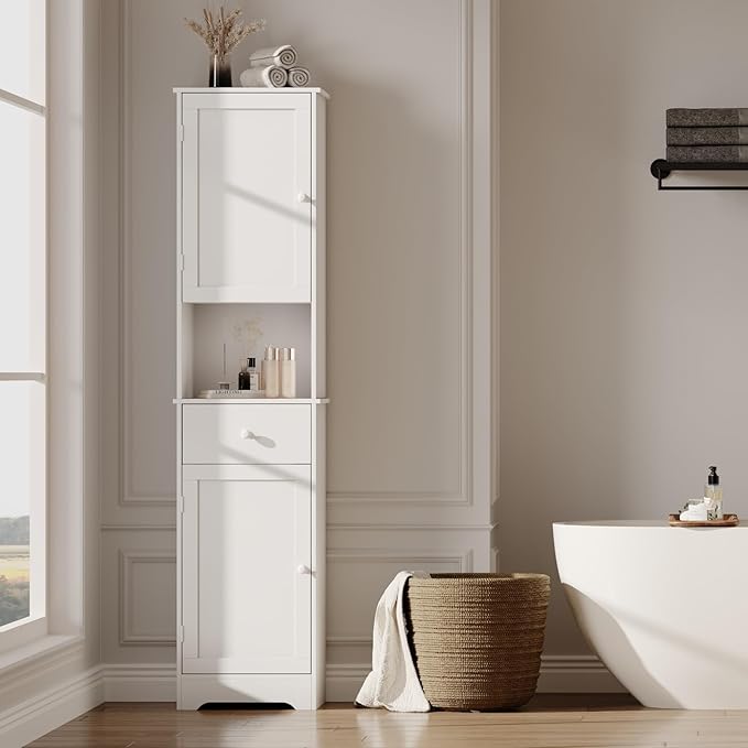Viaozutis Tall Bathroom Cabinet, Storage Cabinet with 2 Doors & 2Drawer, with Ajustable Shelve, for Bathrooms, Kitchens,Entrances（White）