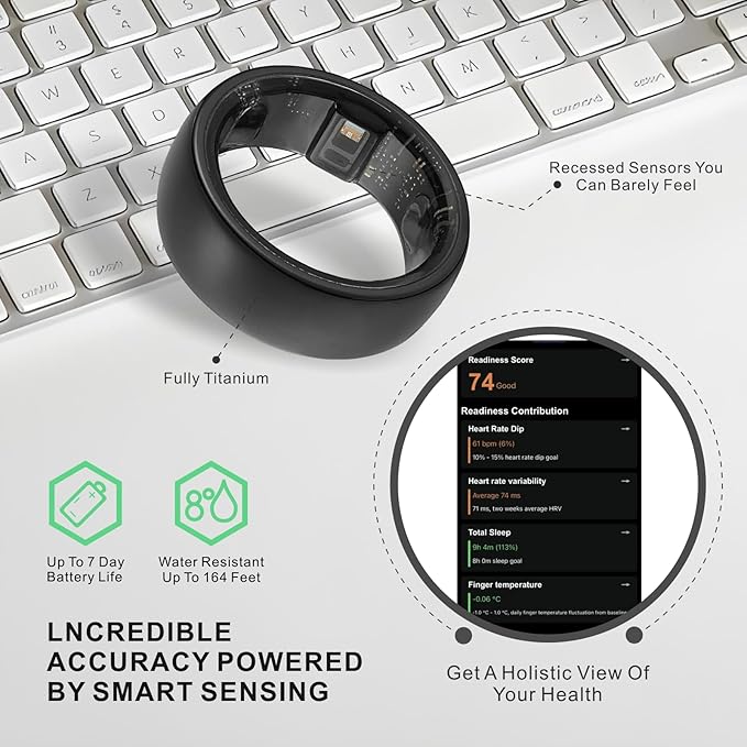 Smart Ring, Activity Trackers, Sleep Ring, Fitness Tracking, Stress Tracker, Heart Rate, Meditation, Temperature, Respiratory, No App Subscription, Women, Men, iOS, Android (Black, 10)