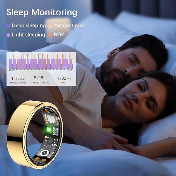 Smart Health Ring for Women Men, Fitness Tracker Ring with Heart Rate, Blood Oxygen, Sleep Tracker, Step Tracker, No Subscription Fee, IP68 Waterproof Smart Ring for iPhone & Android (Gold, 7#)