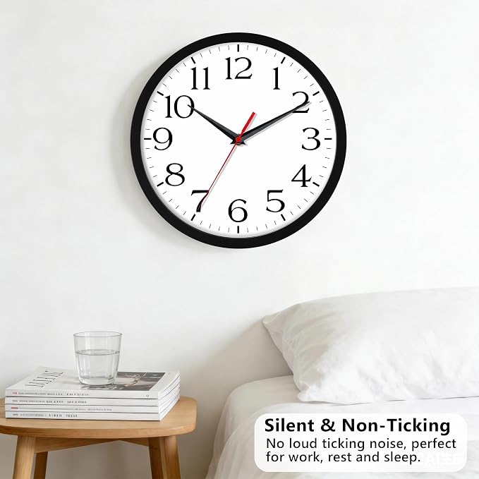 DAXSMY 10 Inch Wall Clock - Battery Operated, Silent Non-Ticking Analog Sweep Movement - Easy to Read Numbers for Home, Office, Kitchen, Classroom (Black)