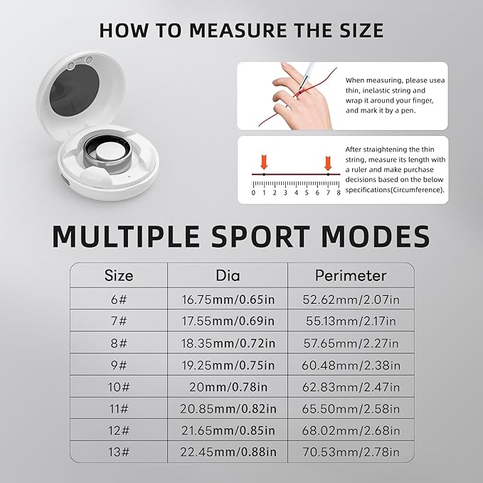 Smart Ring for Women Men, Health Fitness Tracker, 10ATM Waterproof Ring for iOS and Android, No Subscription Fee (Black, 8)