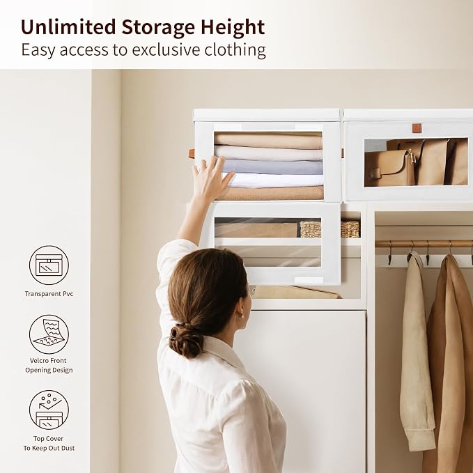 Homsorout Large Closet Storage Bins - Collapsible Clothes Organizer with Handles & Window, Decorative Boxes with Lids, Linen Closet Organizers for Living Room, Dorm, 5 Pack, White