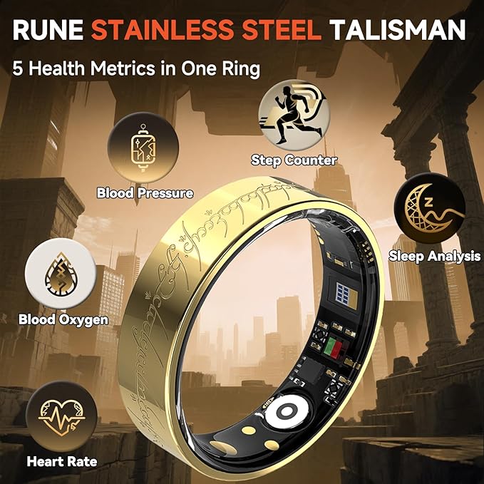 Ultra Smart Ring for Women Men,Health Fitness Tracker with Sleep/Blood Pressure/Oxygen Monitoring, Heart Rate & Activity Tracking,IP68 Waterproof, 5+Day Battery,No Subscription Fee 1-Gold 9
