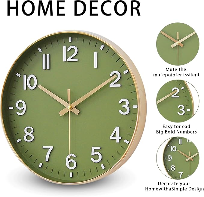 HZDHCLH Wall Clocks Battery Operated,Wall Clock Green Gold,12 inch Wall Clock Silent Non Ticking Modern 3D Numbers for Kitchen Bedroom Living Room Office Classroom Decor