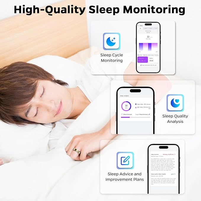 Ultra-Thin Smart Ring for Women Men,Sleep Tracker Ring with Heart Rate, Waterproof Fitness Ring for Activity Monitoring/Steps/Calories,No Subscription Fee,for iSO & Android (Glod,8#)