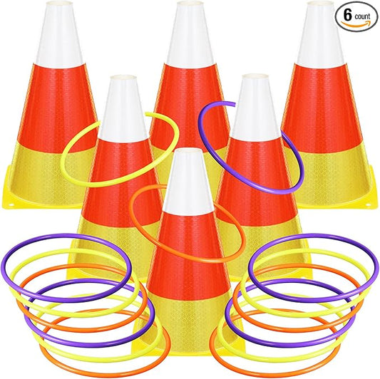 Leitee 6 Sets Candy Corn Ring Toss Game Plastic Cones Ring Toss Combo Set Mini Traffic Cones Toss Game for Sports Training Garden Backyard Outdoor Activities