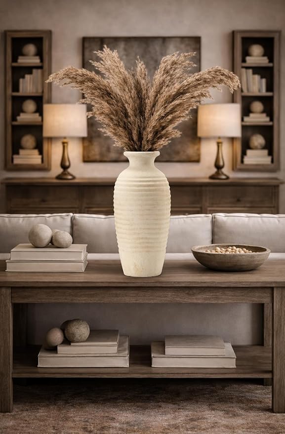 Vaseking Ceramic Natural Rustic Vase, 14.4 Inch Large Vintage Flower Threaded Decorative Farmhouse Tall Vase for Home Decor, Living Room, Shelf Decor, Wedding, Housewarming Gift, Off-White