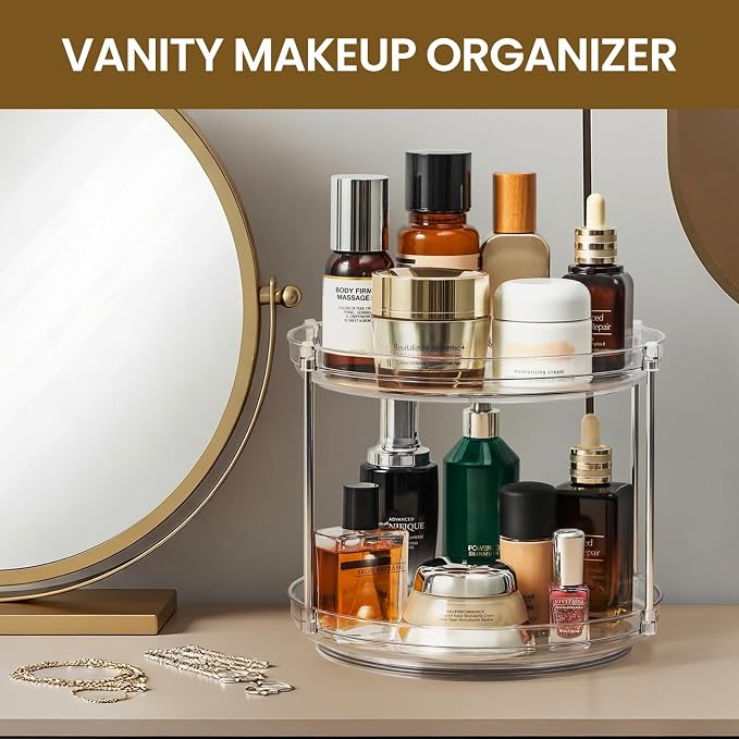 2 Set 2 Tier Non-Skid Acrylic Lazy Susan Organizer - Rotating Spice Rack - Turntable Spinning Organization for Kitchen, Pantry, Countertop, Closet, Bathroom, Vanity, Medicine Cabinet Organizing, 11''