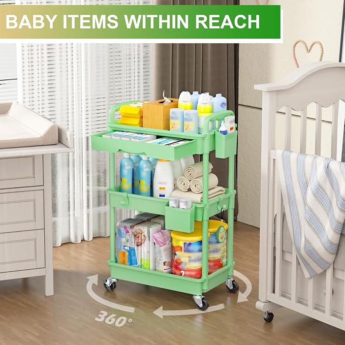 Goovilla 3 Tier Rolling Utility Cart Organizer with Removable Drawer, Stable and Sturdy Green Rolling Storage Carts with 2 Lockable Wheels for Bathroom, Kitchen, Snack, Craft, Makeup, Baby Essentials