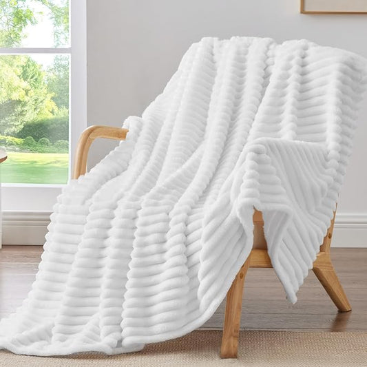 BEDELITE Twin Blanket for Couch & Bed, 300GSM Soft & Warm Fleece Blanket, Decorative and Giftable Striped White Blankets for Women, Men, 60"x80"