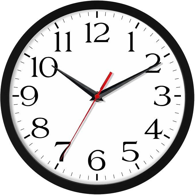 DAXSMY 10 Inch Wall Clock - Battery Operated, Silent Non-Ticking Analog Sweep Movement - Easy to Read Numbers for Home, Office, Kitchen, Classroom (Black)