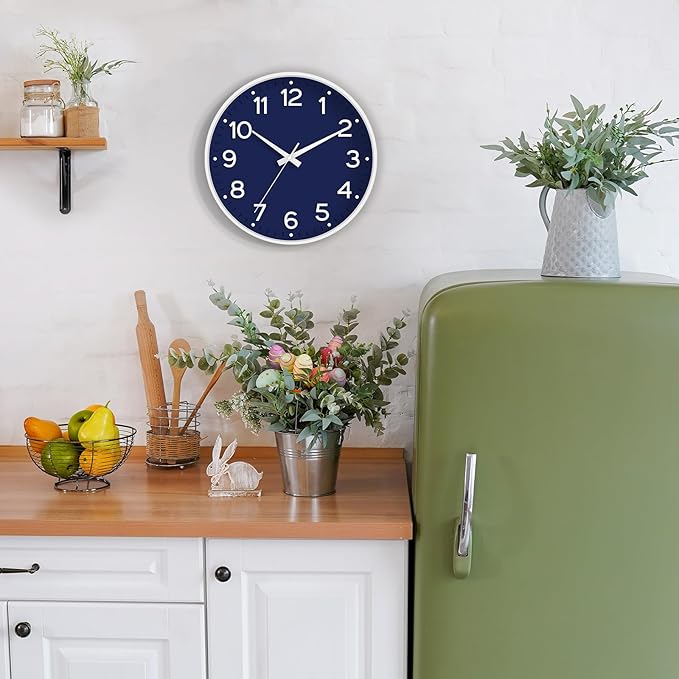 Roymnie Wall Clock, 10 Inch Silent Wall Clocks Battery Operated-Modern Non Ticking Analog Clock Decorative for Kitchen Bedroom Office Bathroom(Navy Blue)