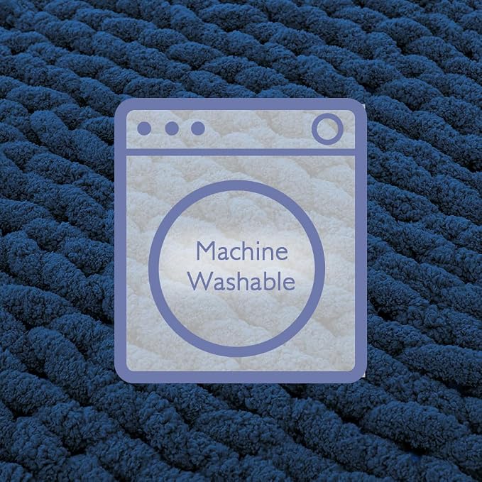 Bigacogo Chunky Knit Throw Blanket for Couch, 40x60 inches, 100% Hand Knitted with Thick Jumbo Chenille Yarn, Cozy Soft Large Rope Knot Cable Crochet Blankets for Sofa Bed Living Room, Navy Blue