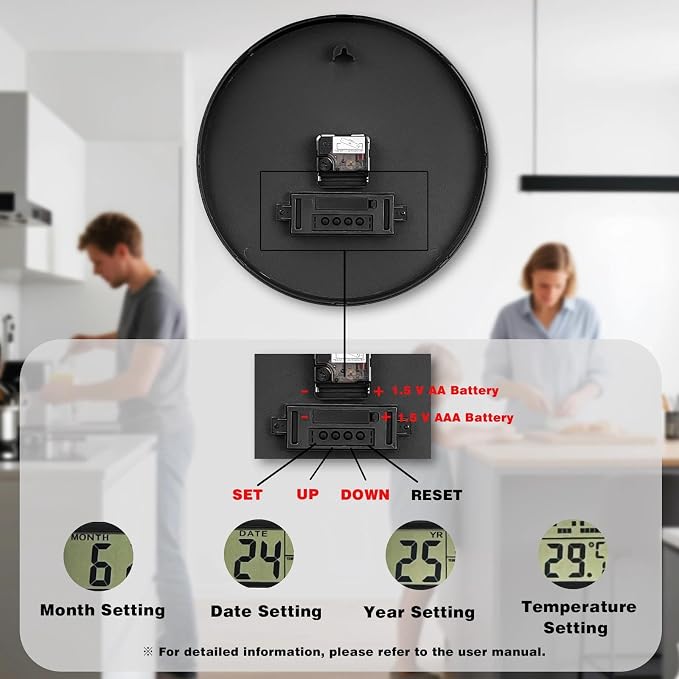 AKCISOT Wall Clock 12 Inch, Non-Ticking Silent Battery Operated Analog with LCD Display for Perpetual Calendar and Temperature, Ideal Modern Decor for Home, Bedroom, Kitchen, Office (Blue)