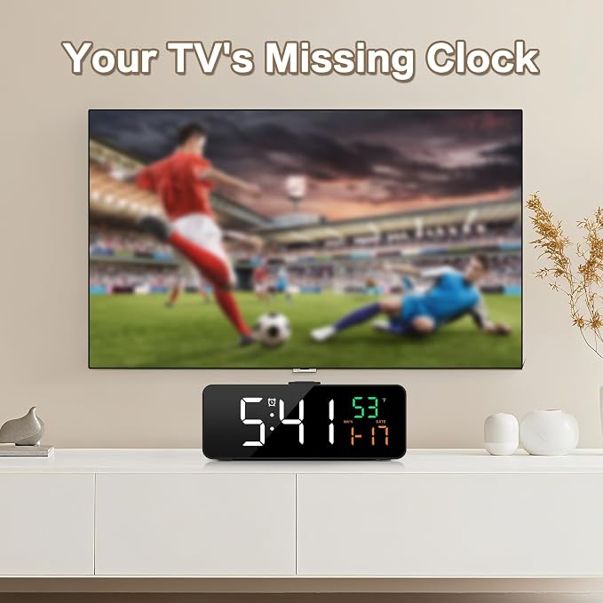 Netzu 3-in-1 Digital Clocks for Living Room with Temperature, Date & Time Display - 4 Levels Birghtness, 3 Volumes, Small & Compact Plug-in Alarm Clock for Bedroom, Office (Black)