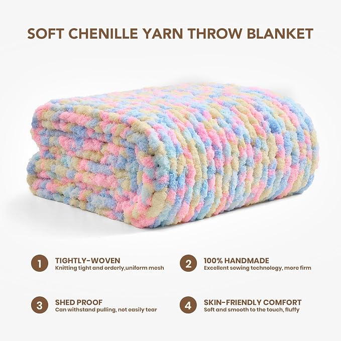 L'AGRATY Chunky Knit Blanket Throw: 60''x80'' Chenille Chunky Knitted Throw Blankets for Twin Bed Couch - Handmade Thick Cable Knit Blanket - Large Crochet Rope Blankets for Home Decor