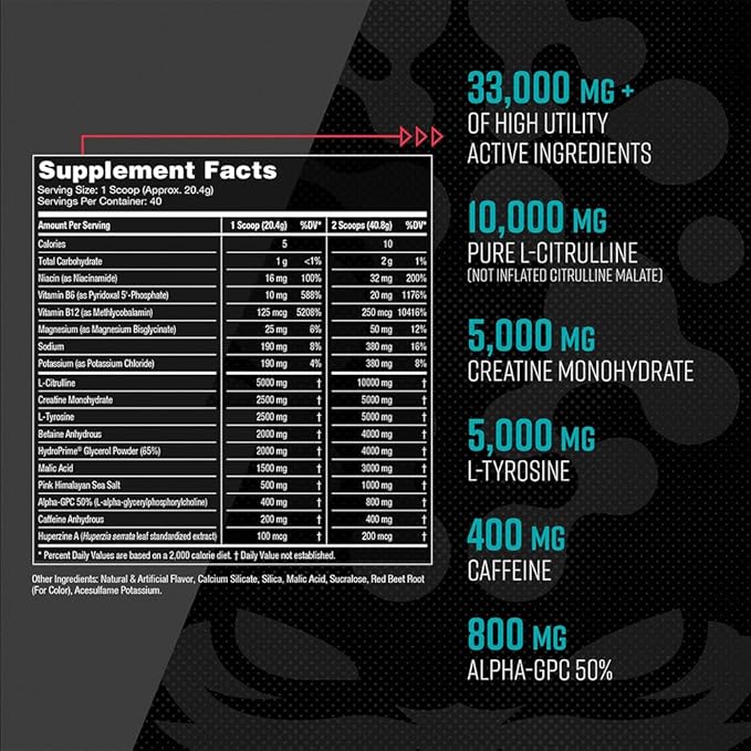Gorilla Mind Pre Workout - Massive Pumps Laser Focus Energy Power - L-Citrulline, Creatine, L-Tyrosine, Betaine, Hydroprime, Alpha-GPC, 400mg Caffeine, Huperzine A - 796g (Orange Rush)