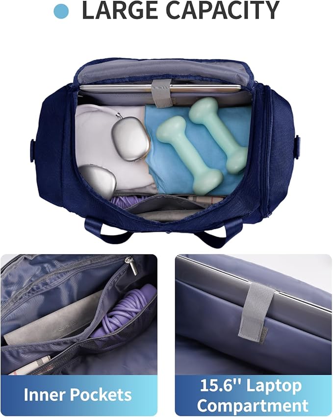 Sportsnew Gym Bag for Women with Shoe Compartment Wet Pocket and Yoga Mat Holder,Mens Duffel Bag for Travel with Laptop Compartment,Weekender Overnight Carry On Bag for Men(Blue Patent Pending)