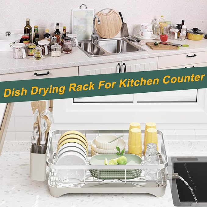 LIYI Dish Drainer,Large Capacity Storage,with Drain Outlet,304 Stainless Steel,Utensil Drain Rack, Multifunctional Kitchen Organizer,White