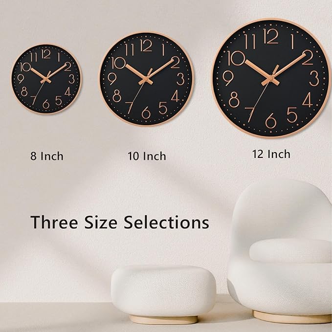 DAXSMY Wall Clock - 8 Inch Silent Non-Ticking Modern 3D Wall Clocks Battery Operated - Decorative Clock for Kitchen, Home Office, Bathroom, Bedroom(Black)