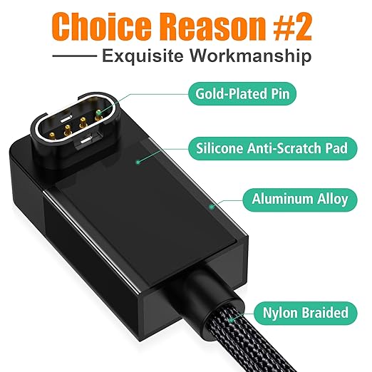 AGVEE 2 Pack 6.6ft Charger for Garmin Watch, L-Shape Zero Gap Charging Cable for Fenix, Forerunner, Vivoactive, Instinct, Venu, Tactix, Approach, D2, Quatix Series, Right Angle Braided, Black
