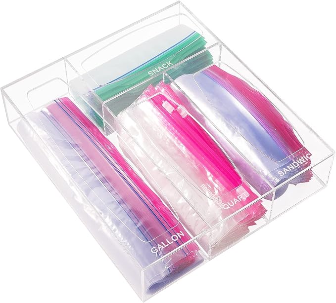 Aquiver Acrylic Bags Storage Organizer - Baggie Bags Drawer Organizer & Plastic Food Storage Bags Holder - Compatible with Gallon, Quart, Sandwich, Snap, Freezer, Slider Bags (Clear)