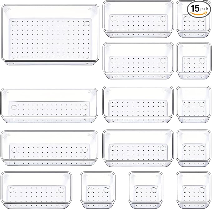 Manalete Drawer Organizers Set of 15, 4 Sizes Clear Plastic Drawer Organizers and Storage Bins for Kitchen, Bathroom, Office, Dresser Desk Drawer Organizer Tray for Jewelry, Makeup, Junk, Gadgets