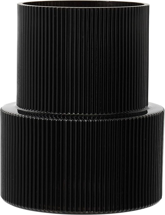 Ribbed Glass Vase, Flower Vase, Fluted Black Vases for Flowers, Modern Vases for Living Room, Dining Table, Entryway, Shelf, Wedding, Office, Coffee Table, Birthday, 7.5 Inches