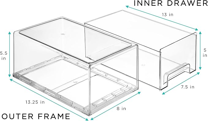 Sorbus Large Clear Stackable Storage Drawers – 2-Pack Plastic Organizer Bins with Handles – Stackable Pull-Out Storage Drawers for Closet, Pantry, Office, Bathroom, Craft, and Toy Organization