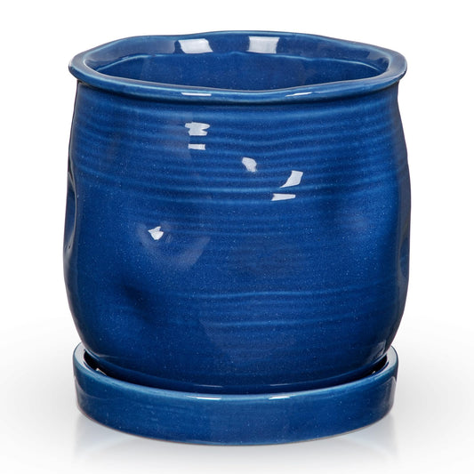 Oairse 5.7 inch Ceramic Pots for Plants, Plant Pot with Drainage Hole and Saucer Blue Ceramic Indoor Planter with Tray Decorative Flower Pots for Succulent, Cactus, Snake Plant, Herb Indoor Outdoor