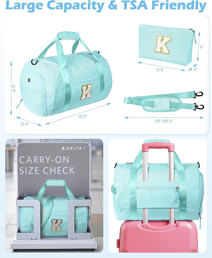 Granddaughter Gift from Grandmom, Girl Gym Bag, Kids Initial Overnight Duffel Bags with Shoe Compartment, Personalized Travel Bag with Makeup Pouch, Birthday Gift for Her (Letter N)
