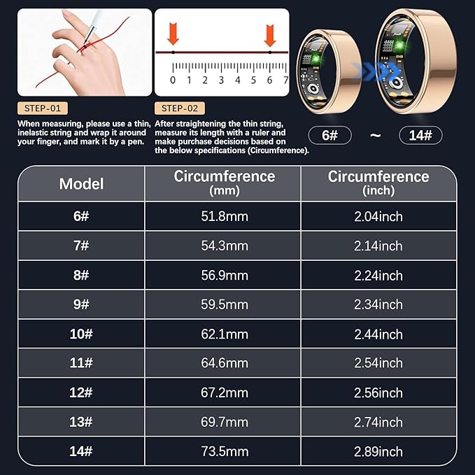Smart Health Ring for Women Men, Fitness Tracker Ring with Heart Rate, Blood Oxygen, Sleep Tracker, Step Tracker, No Subscription Fee, IP68 Waterproof Smart Ring for iPhone & Android (Rose Gold, 11#)
