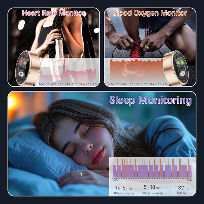 Smart Health Rings for Women Men, Fitness Tracker with Heart Rate, Blood Oxygen, HRV, Sleep Tracker, Step Tracker, No Subscription Fee, IP68 Waterproof Smart Ring for iphone & Android (Gold 11#)