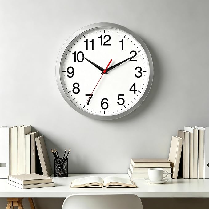 Rohioue 14 Inch Wall Clock Modern Battery Operated Silent Non Ticking Analog Clock Decorative for Bedroom Kitchen Bathroom Office Home Living Room (Silver)