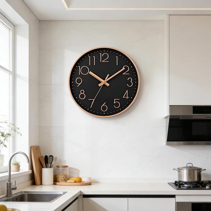 DAXSMY Wall Clock - 8 Inch Silent Non-Ticking Modern 3D Wall Clocks Battery Operated - Decorative Clock for Kitchen, Home Office, Bathroom, Bedroom(Black)