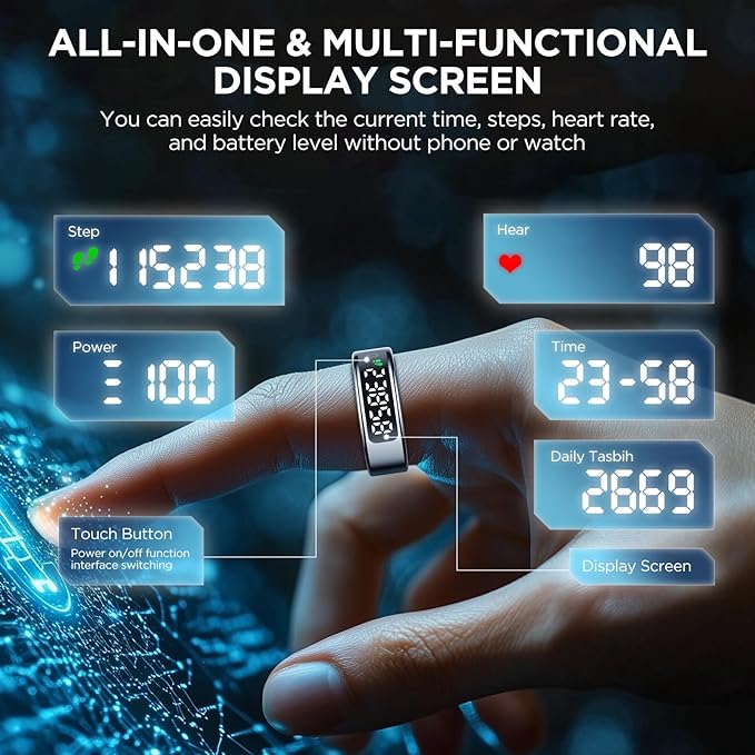 Smart Ring Health Tracker with Display Screen, Sleep Tracker Ring with Heart Rate, Fitness Ring Step tracker for Activity Monitoring/Steps/Calories,Wireless Charging, for iOS Android (Silver,11#)