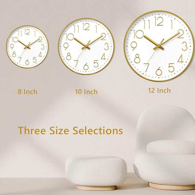 DAXSMY Wall Clock - 8 Inch Silent Non-Ticking Modern 3D Wall Clocks Battery Operated - Decorative Clock for Kitchen, Home Office, Bathroom, Bedroom(Gold)