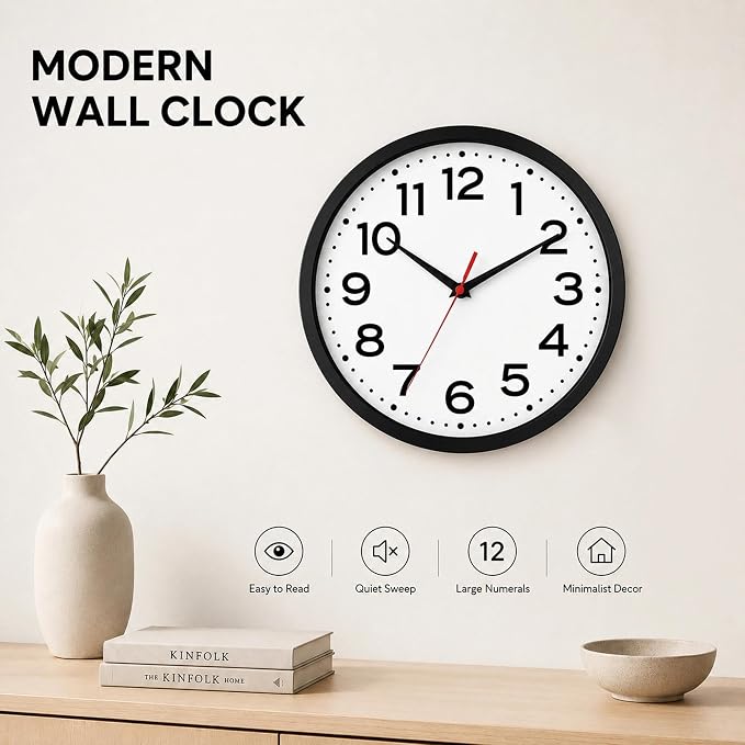 Roymnie Wall Clock Silent Non-Ticking Modern Clock Battery Operated 14 Inch Classic Analog Decorative for Classroom, Living Room, Office, Bedroom, School, Hotel (Black)