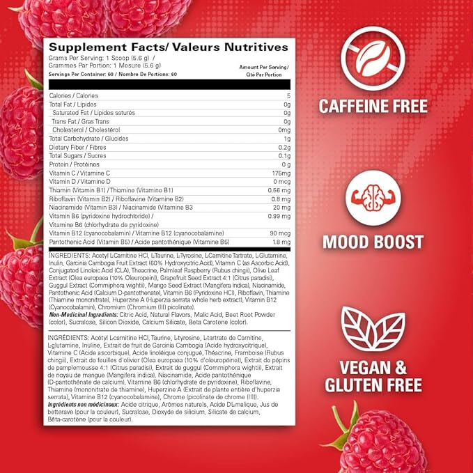 EHP Labs OxyShred Non Stimulant Pre Workout Powder - Stim Free, Caffeine Free Preworkout for Men & Women - Non Stim Preworkout - Sugar Free Energy Powder - Raspberry, 60 Servings