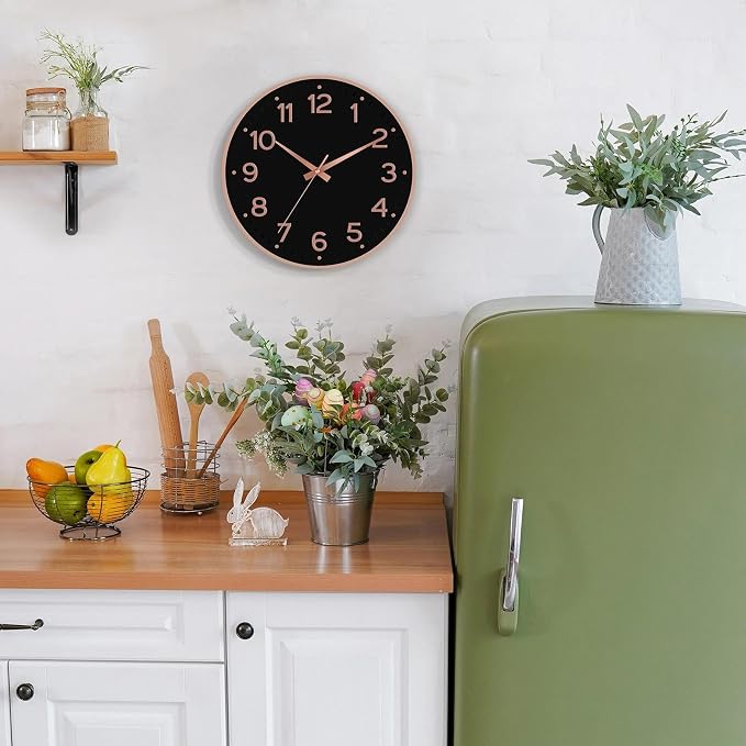 Roymnie Wall Clock 12 Inch Silent Wall Clocks Battery Operated-Modern Non Ticking Analog Clock Decorative for Kitchen Bedroom Office (Black Rose Gold)
