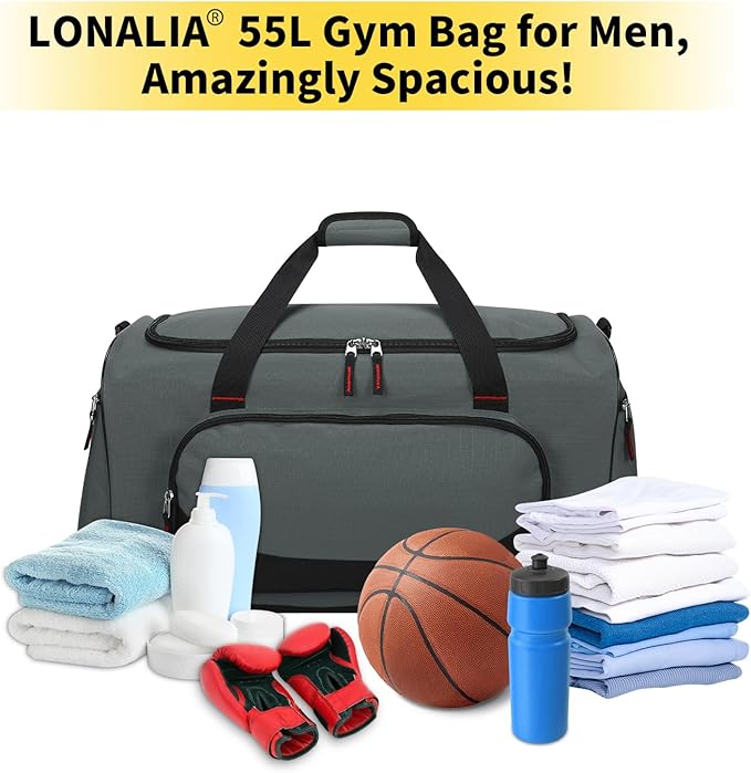 55L Large Sports Duffle Bag for Men - 22 inch Men's Gym Bag Heavy Duty Duffel Bag (Gray)