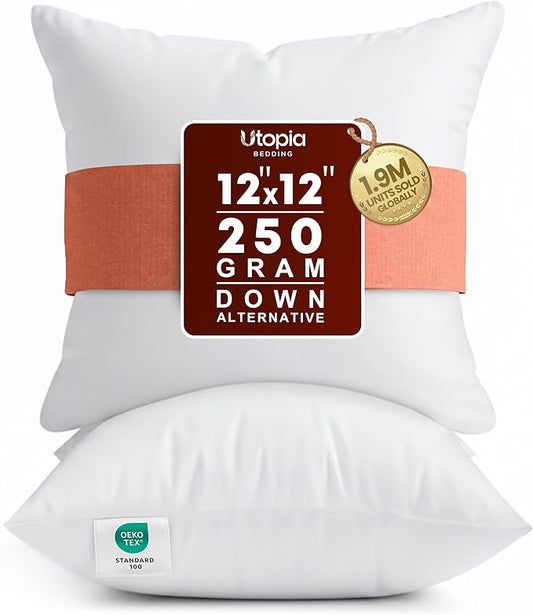 Utopia Bedding 12x12 Pillow Inserts, Set of 2, White – Indoor Decorative Throw Pillows for Bed, Sofa & Couch – Soft, Supportive & Fluffy Cushion Inserts