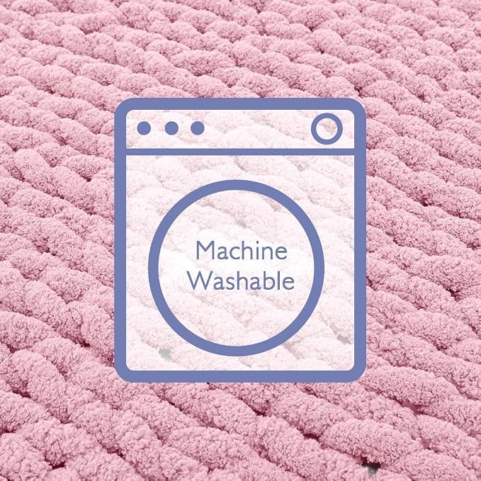 Bigacogo Chunky Knit Throw Blanket for Couch, 40x60 inches, 100% Hand Knitted with Thick Jumbo Chenille Yarn, Cozy Soft Large Rope Knot Cable Crochet Blankets for Sofa Bed Living Room, Blush Pink